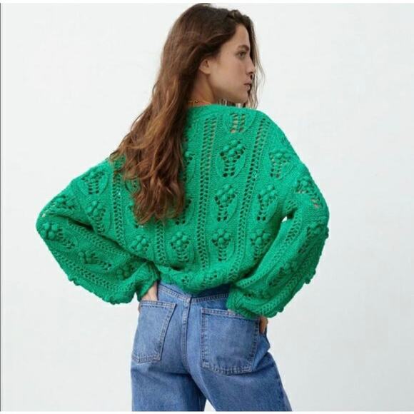 Zara Sweaters - ZARA Green Knitted Pom Pom Oversized Long Sleeve Pullover Sweater Small